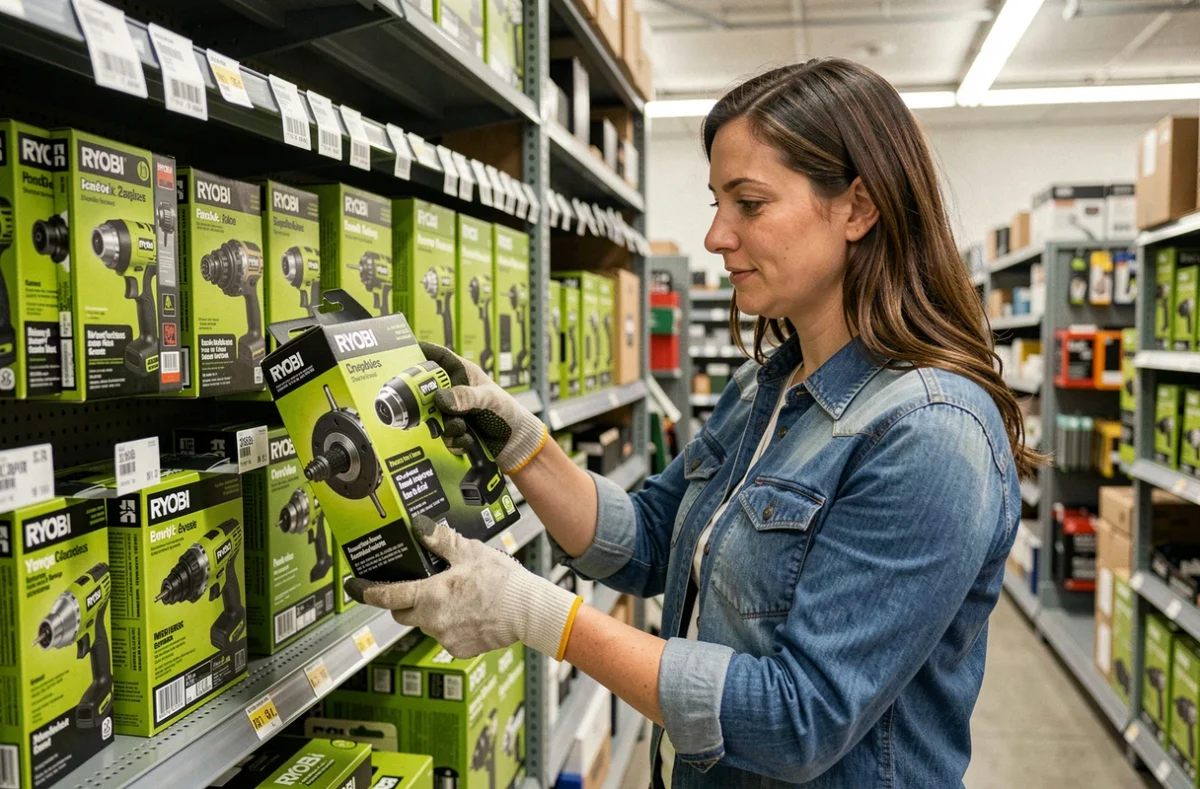 Femme examinant un outil Ryobi dans le rayon d'une grande surface de bricolage