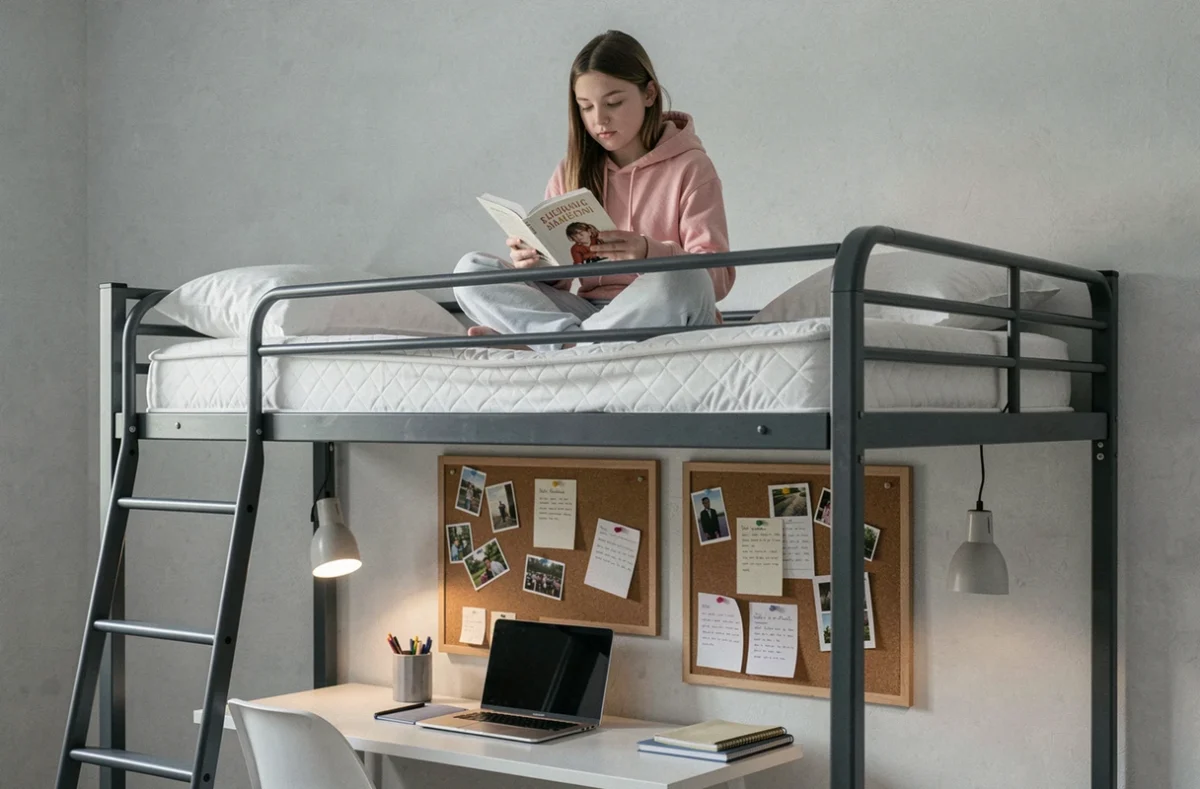 Adolescente lisant sur un lit cabine en métal gris avec espace bureau intégré en dessous
