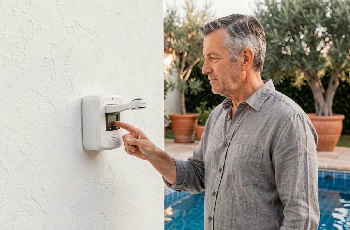 Homme testant une alarme de piscine murale dans un jardin de style méditerranéen avec carrelage bleu