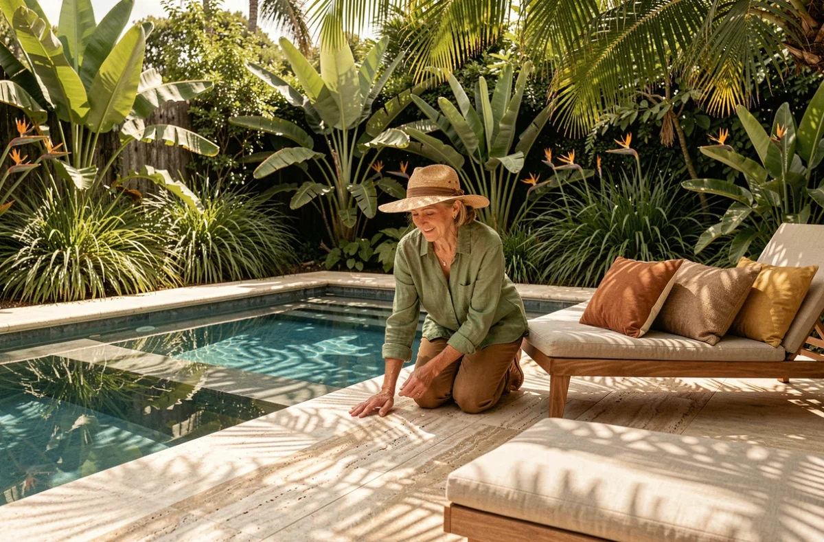 Femme aménageant le tour d'une piscine en travertin ivoire entourée de végétation tropicale luxuriante