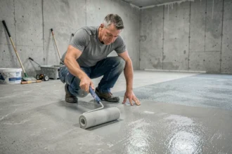 Professionnel appliquant un produit d'imperméabilisation sur un sol en béton brut dans un sous-sol