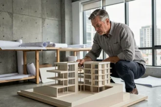 Architecte examinant une maquette architecturale illustrant la jonction entre deux étages de hauteurs différentes dans un studio moderne