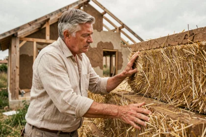 Architecte examinant un mur en botte de paille sur un chantier de construction écologique en France