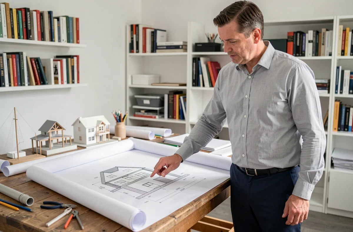 Architecte consultant un plan en coupe d'une maison à étage avec les hauteurs de plancher indiquées
