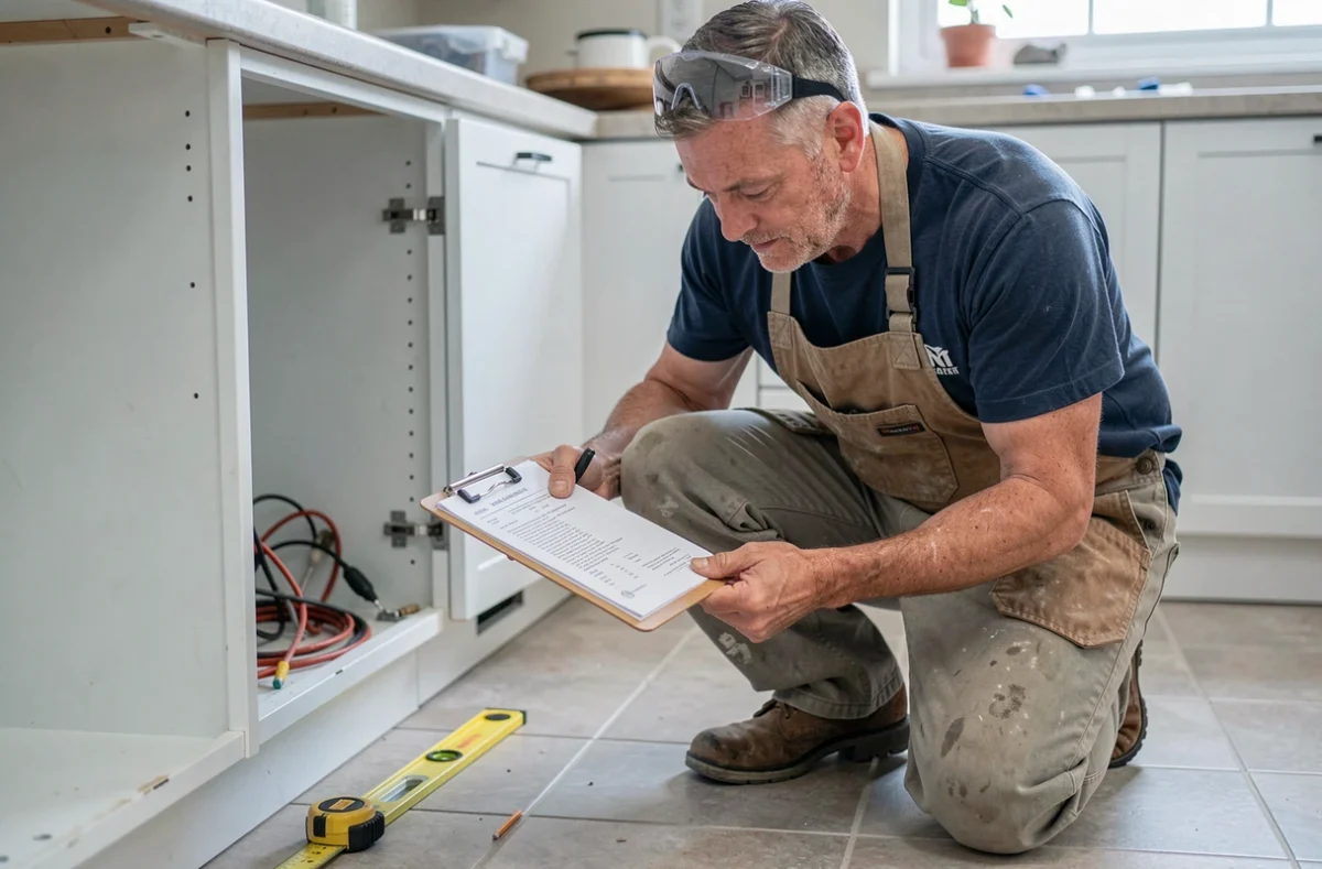 Artisan cuisiniste consultant un devis de rénovation de cuisine lors d'une installation en cours