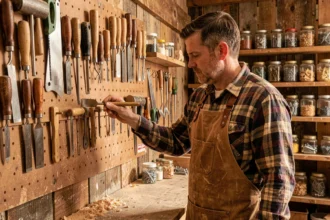 Artisan sélectionnant des outils de menuiserie sur un mur d'atelier organisé avec ciseaux et scies