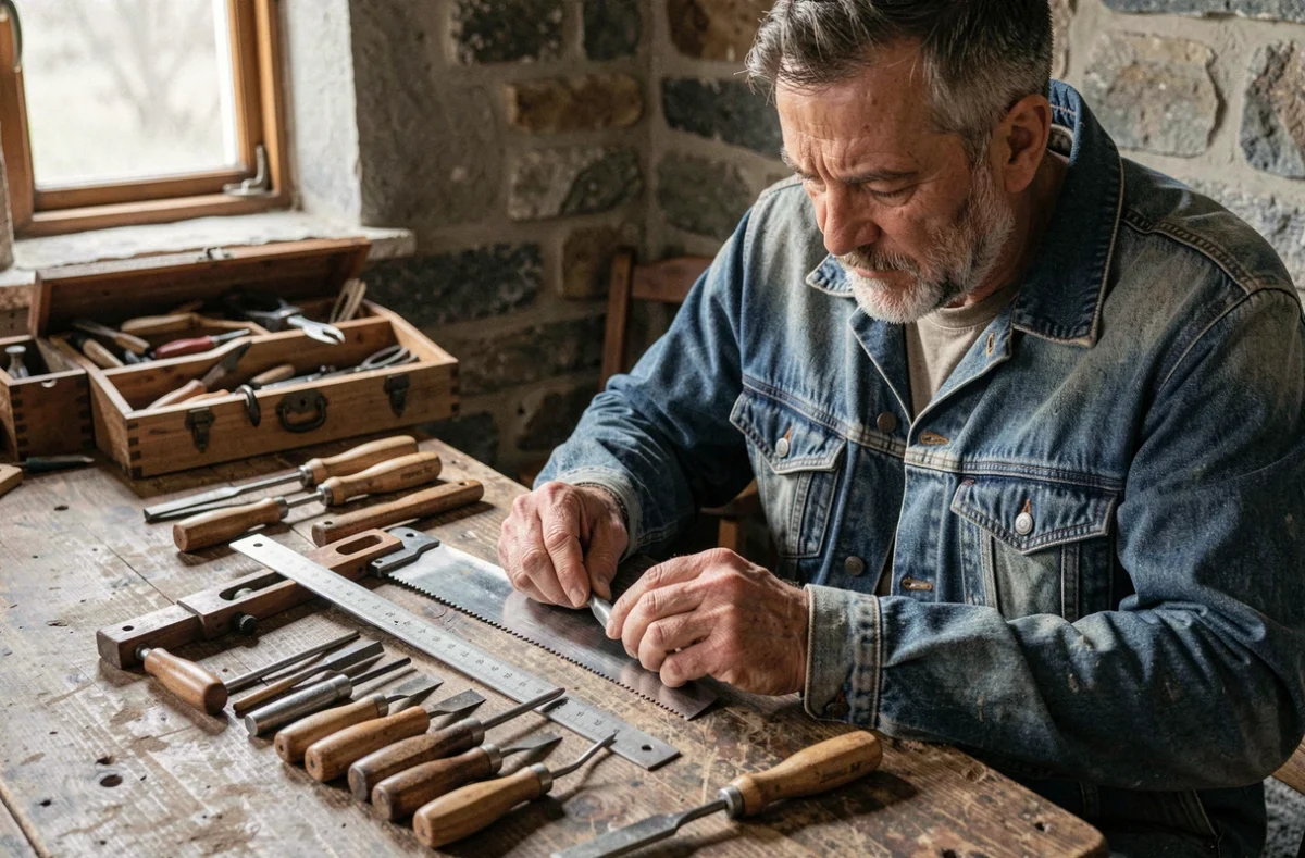 Artisan expérimenté disposant des outils à main de précision sur un établi en bois dans un atelier traditionnel