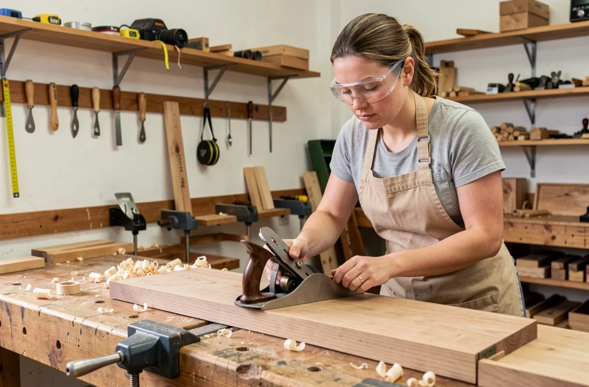 Artisane utilisant un rabot à main sur une planche en chêne dans un atelier de menuiserie professionnel
