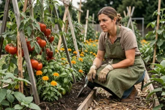Femme jardinant dans un potager en permaculture avec associations de tomates, basilic et soucis