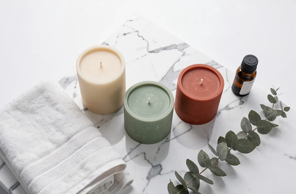 Assortiment de bougies parfumées en cire naturelle sur marbre blanc avec eucalyptus et huile essentielle pour une ambiance spa minimaliste