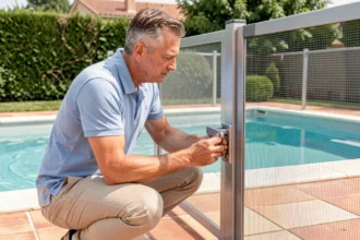 Propriétaire inspectant le loquet d'une barrière de sécurité autour d'une piscine familiale dans un jardin pavillonnaire