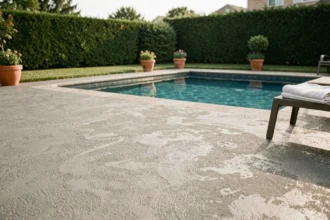 Terrasse en béton texturé anti-dérapant autour d'une piscine résidentielle avec jardin