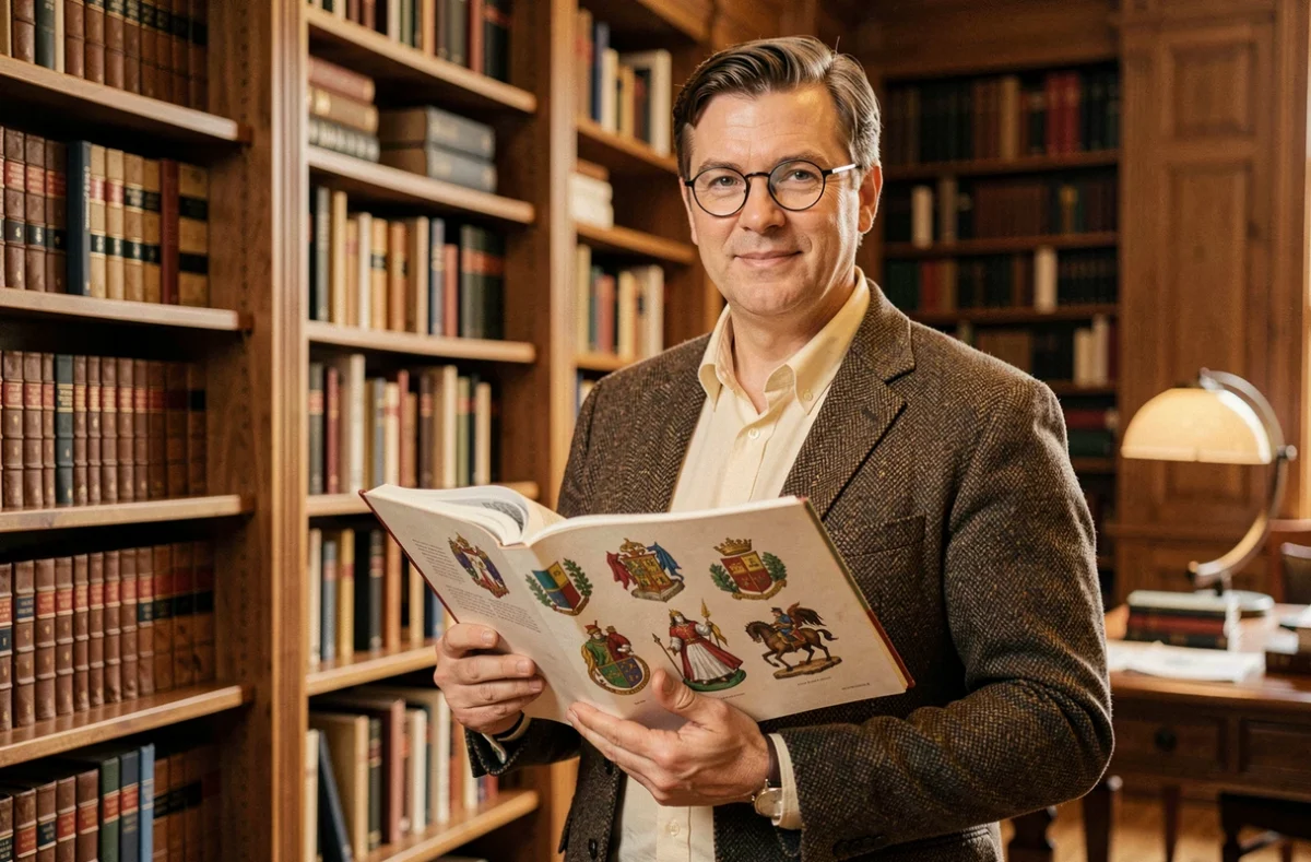 Bibliothécaire consultant une encyclopédie illustrée présentant les emblèmes des quatre maisons fictives