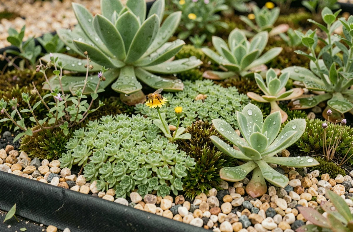 Gros plan sur un toit extensif végétalisé avec sedums, mousses et abeille butinant une fleur après la pluie
