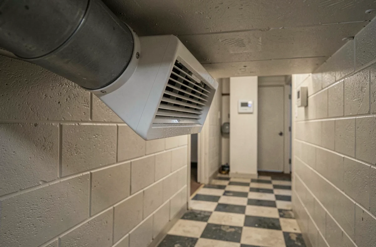 Déflecteur de bouche d'air réglable installé sur un registre de chauffage au plafond d'un couloir de sous-sol