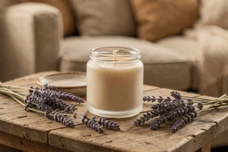 Bougie parfumée artisanale en verre givré posée sur une table en bois avec des brins de lavande séchée dans un salon cosy