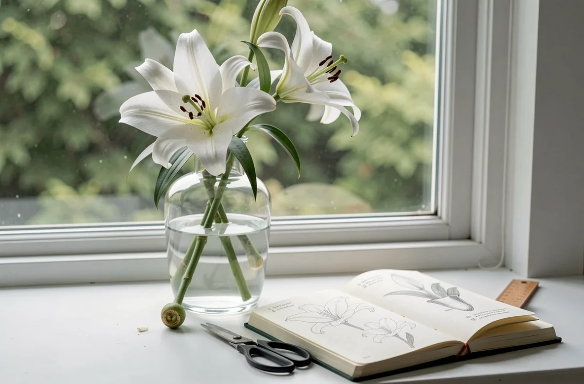 Bouquet de lys dans un vase en verre sur un rebord de fenêtre avec un bulbille visible sur une tige coupée, un carnet botanique et des ciseaux