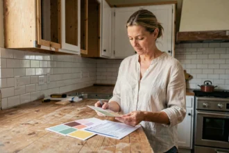 Femme consultant des échantillons de couleur et une liste de travaux dans une cuisine en cours de rénovation