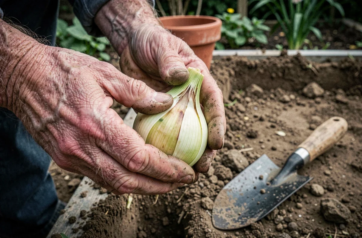 Mains tenant un bulbe de lys prêt à être planté en pleine terre dans un jardin