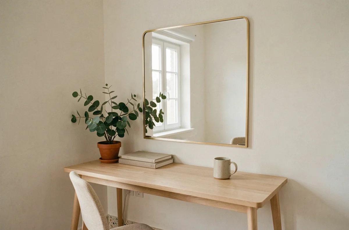 Bureau à domicile avec grand miroir cadre laiton reflétant la fenêtre pour agrandir et éclairer visuellement la pièce