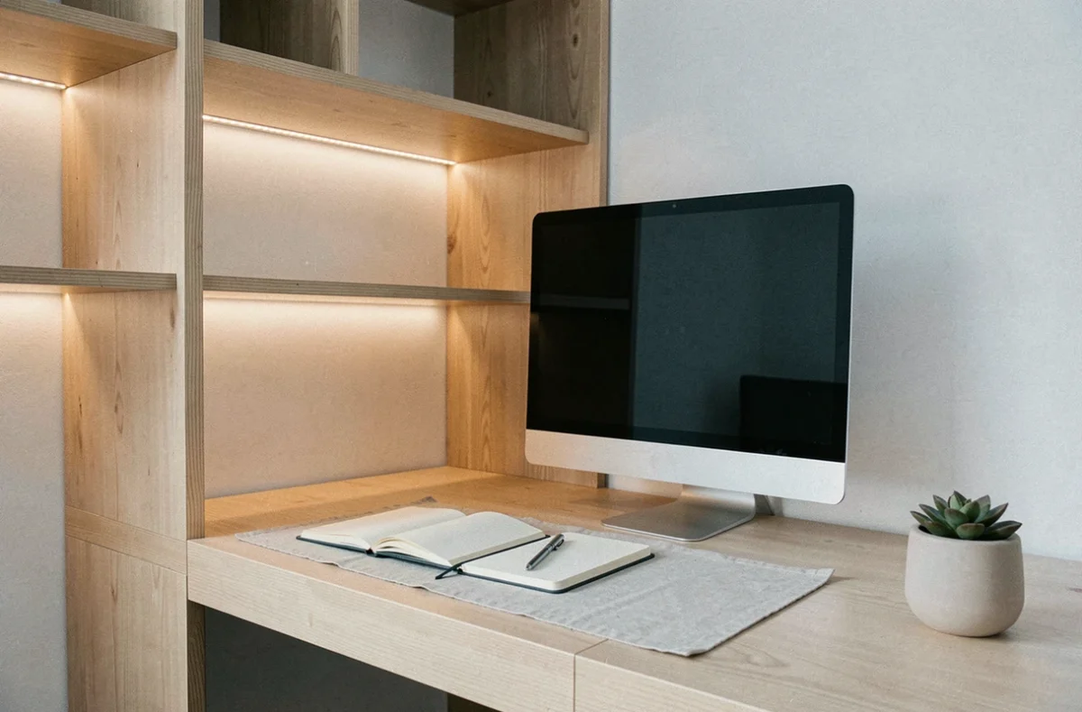 Bureau sans fenêtre aménagé avec étagères en chêne clair et éclairage LED pour agrandir visuellement l'espace
