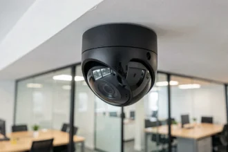 Caméra de surveillance dôme installée au plafond d'un bureau moderne pour sécuriser les locaux professionnels