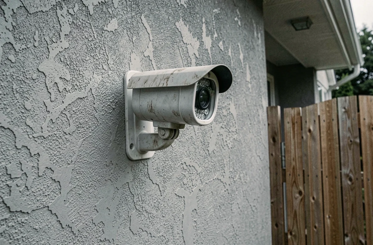 Caméra de surveillance extérieure PTZ fixée sur un mur en béton d'une maison résidentielle pour protéger le périmètre