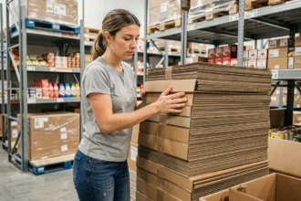 Femme récupérant des cartons gratuits dans la réserve d'un supermarché pour un déménagement