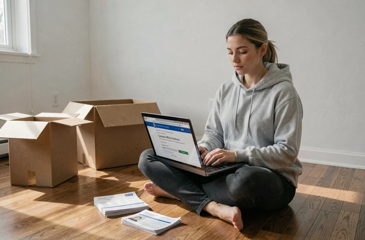 Jeune femme effectuant un changement d'adresse en ligne sur un site gouvernemental depuis son appartement en cours d'emménagement