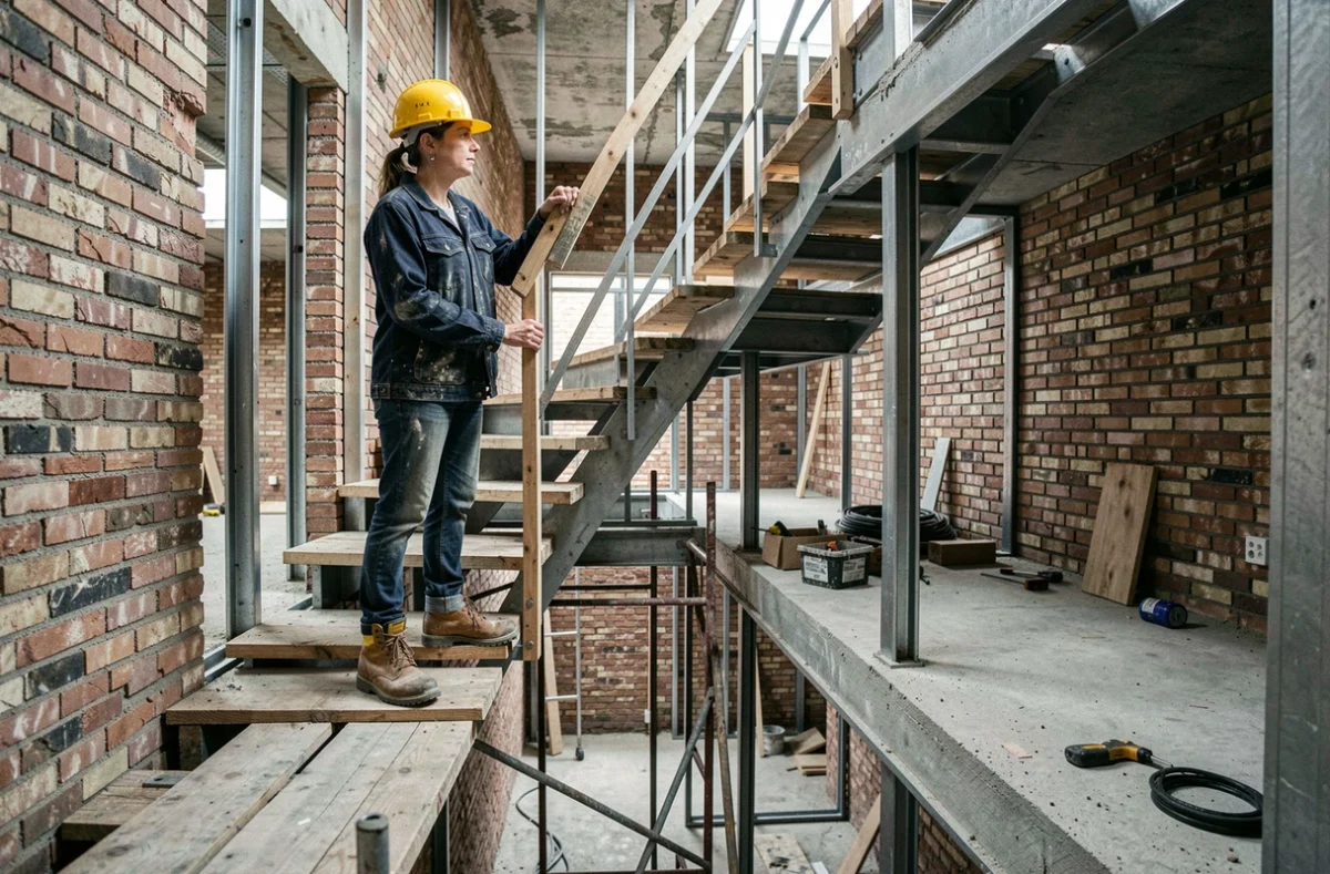 Ouvrière de chantier inspectant un escalier de transition reliant deux niveaux à des hauteurs différentes dans une maison en rénovation