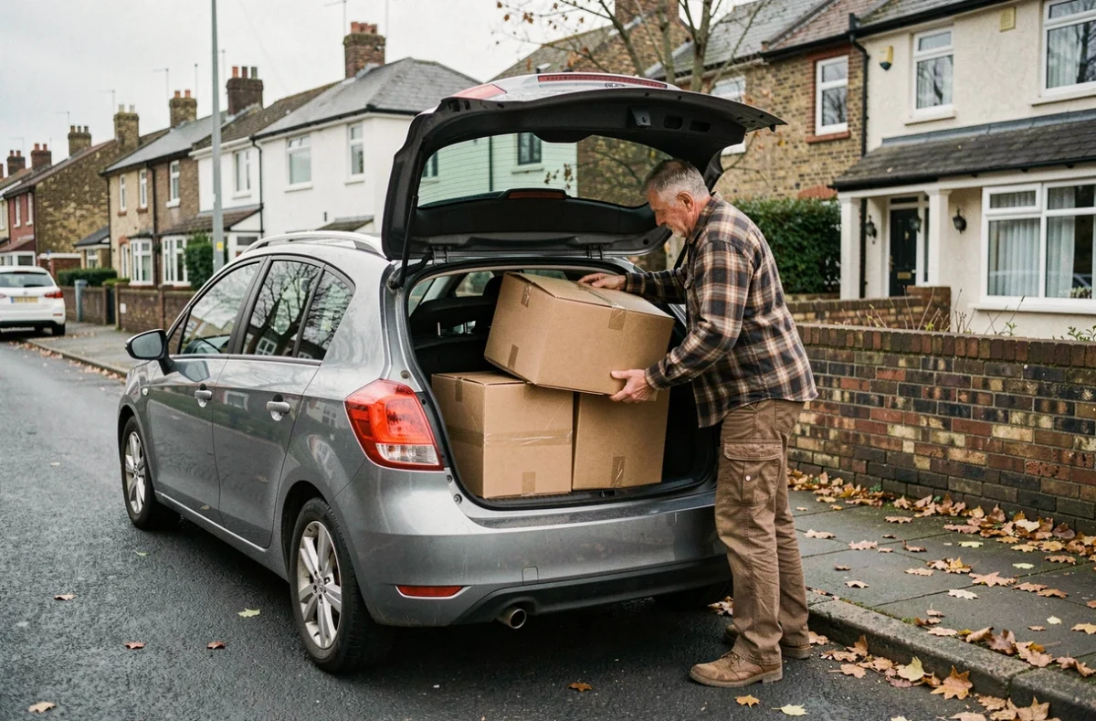 Homme chargeant des cartons récupérés gratuitement dans le coffre de sa voiture pour préparer un déménagement