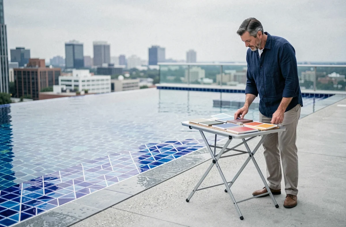 Homme comparant des échantillons de carrelage bleu cobalt et blanc pour le tour d'une piscine sur rooftop urbain