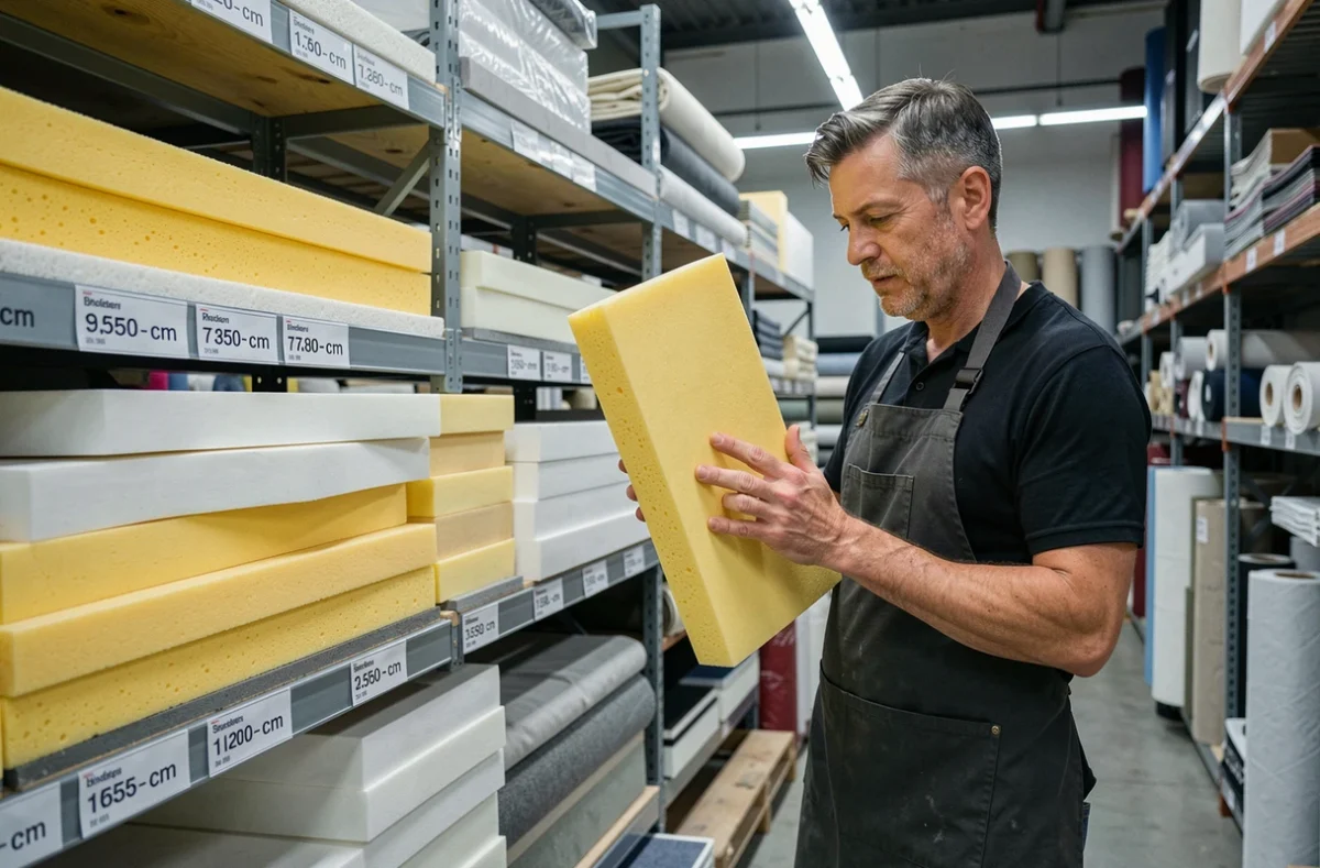Vendeur présentant des plaques de mousse de différentes épaisseurs dans un magasin de tapisserie
