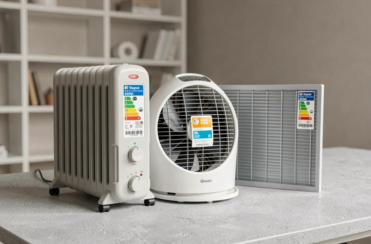 Comparaison de trois appareils de chauffage domestique avec étiquettes de classe énergétique sur fond neutre