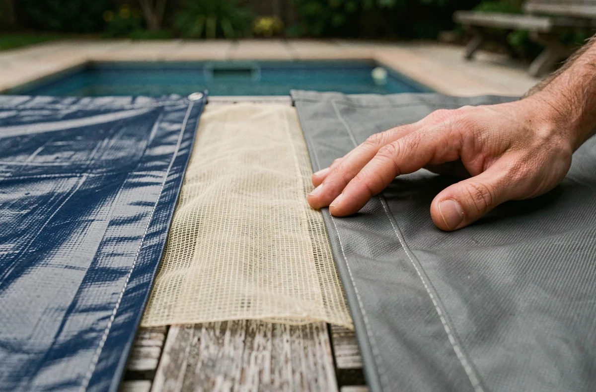 Comparaison de différentes toiles de piscine en PVC, filet et bâche hivernage posées sur une table en bois