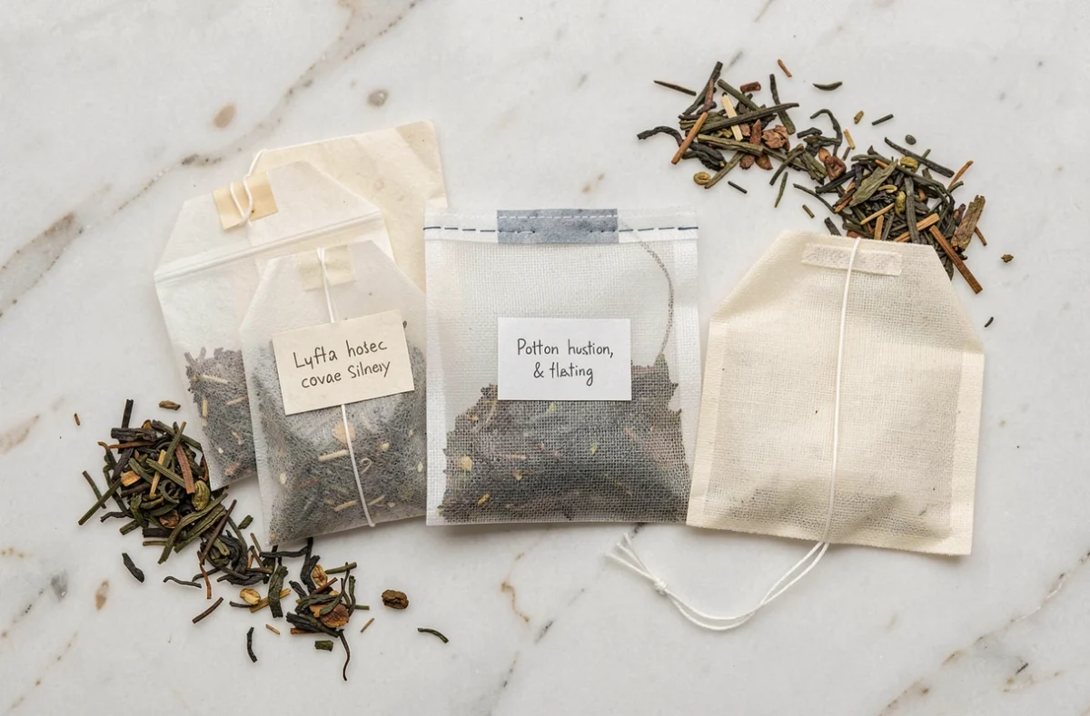 Comparaison de différents sachets de thé en papier, nylon et mousseline posés sur une surface en marbre blanc avec des feuilles de thé séchées