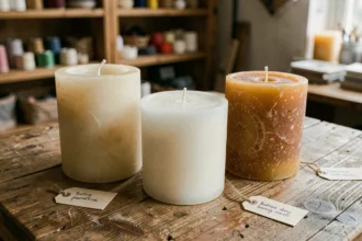 Trois bougies en pilier côte à côte sur une table en bois rustique, illustrant les différences entre cire de soja, paraffine et cire d'abeille