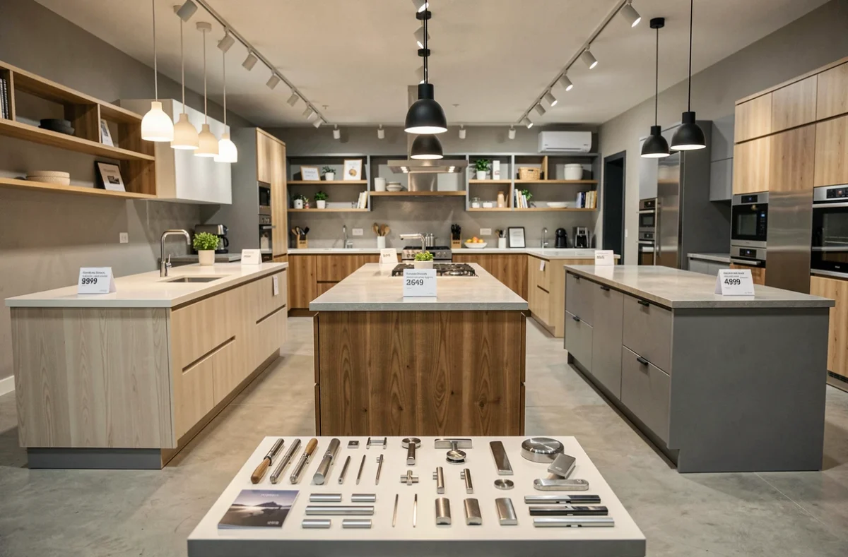 Showroom de cuisines équipées présentant différentes gammes de prix et matériaux disponibles