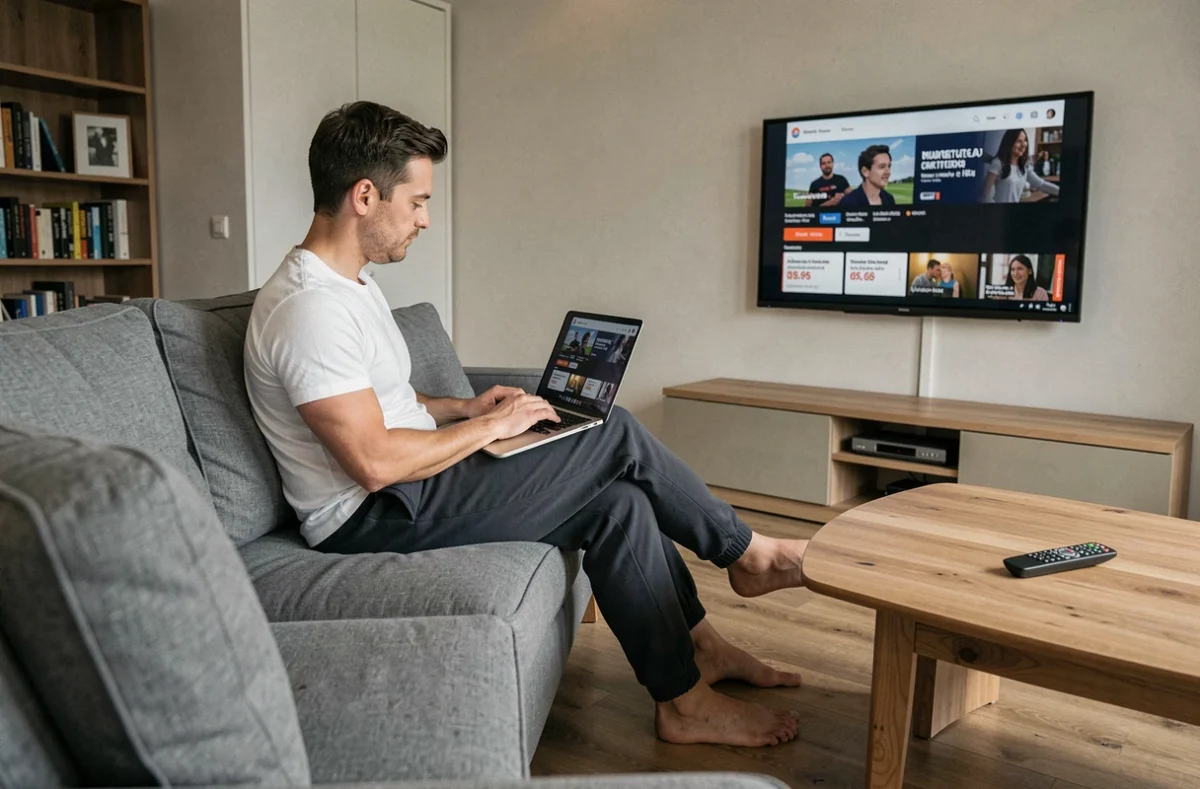 Un homme consulte les prix de télévisions en ligne depuis son salon