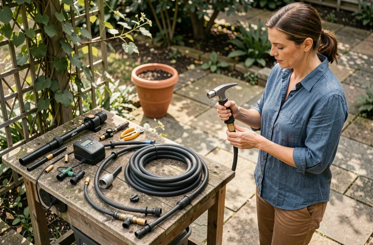 Femme préparant les composants d'un système d'arrosage automatique sur un établi de jardin