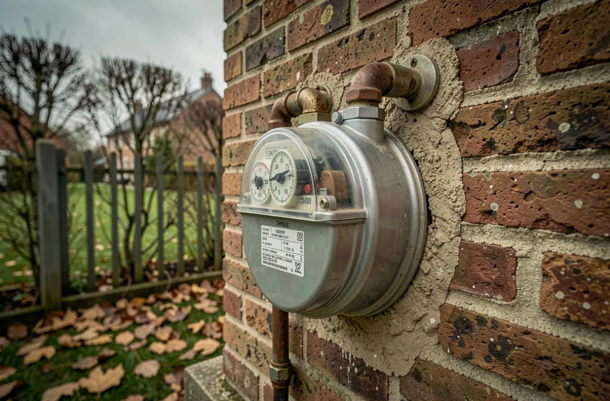 Compteur de gaz naturel sur façade en brique d'une maison résidentielle en France