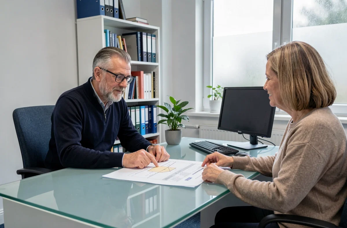 Conseiller immobilier expliquant les obligations de déclaration de surface habitable à des propriétaires