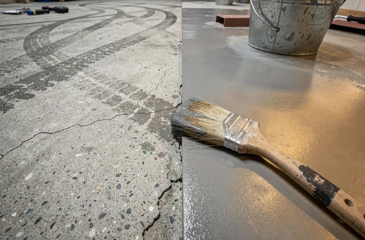 Gros plan du contraste entre béton brut et béton imperméabilisé avec apprêt époxy sur sol industriel