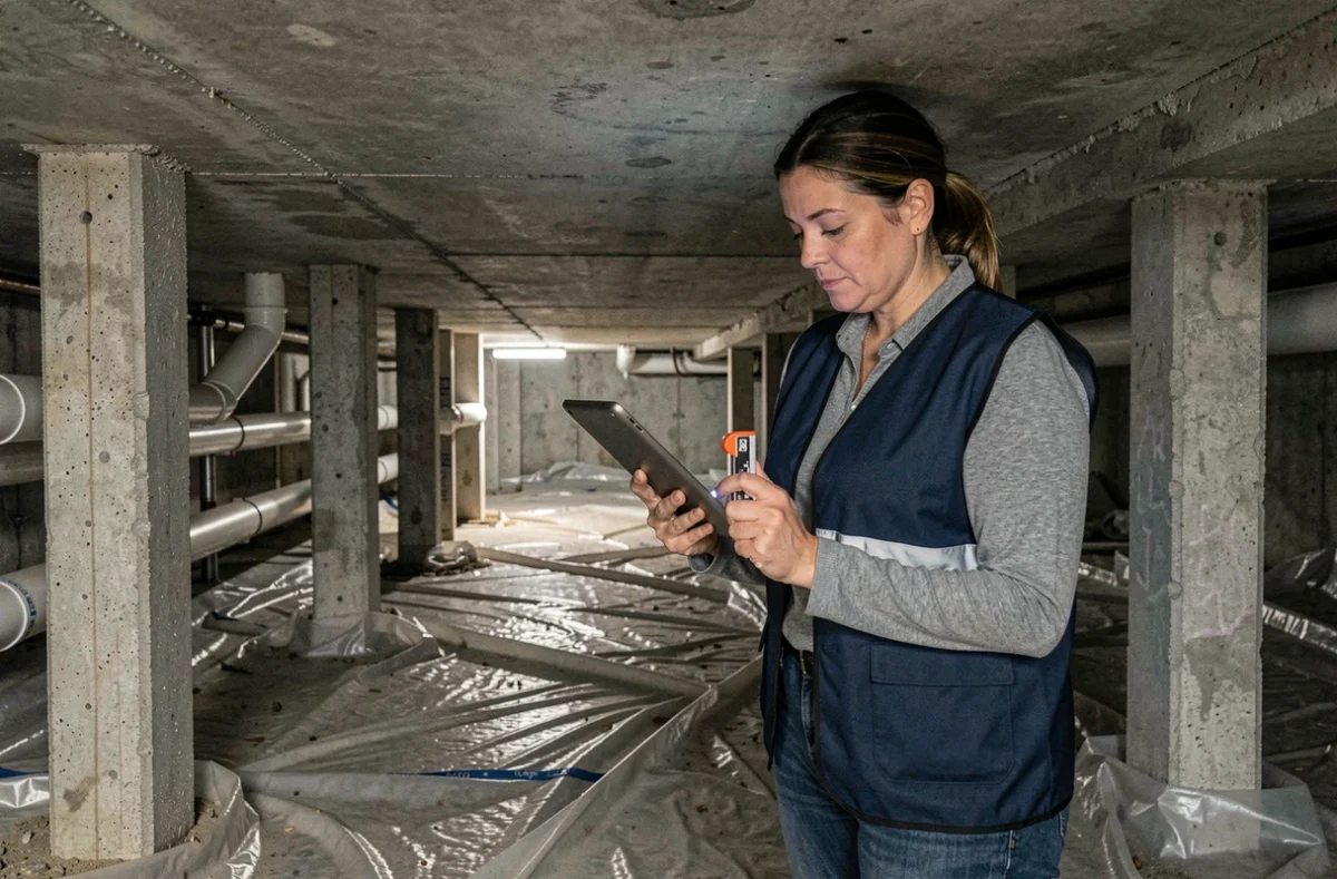 Ingénieure en structure inspectant les fondations sous le vide sanitaire d'une maison