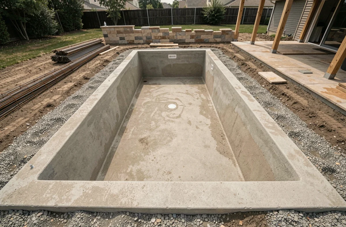 Coque de piscine en béton projeté vide après creusement, entourée d'un chantier de terrassement en cours dans un jardin