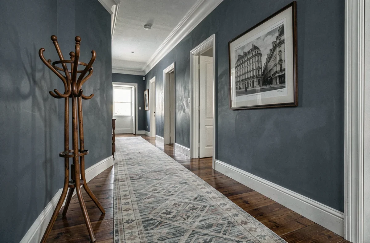 Grand couloir haussmannien aux murs bleu-gris avec moulures blanches, tapis géométrique en laine et porte-manteau en bois courbé