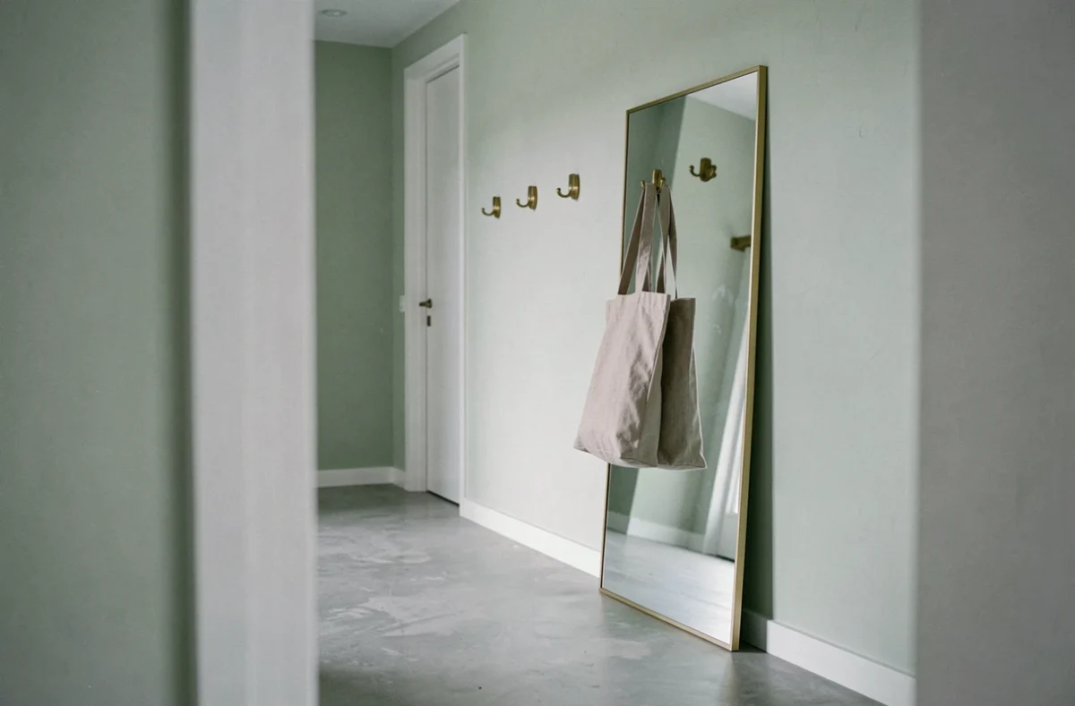 Couloir moderne avec murs vert sauge, sol en béton poli, miroir rectangulaire à cadre en laiton brossé et patères minimalistes