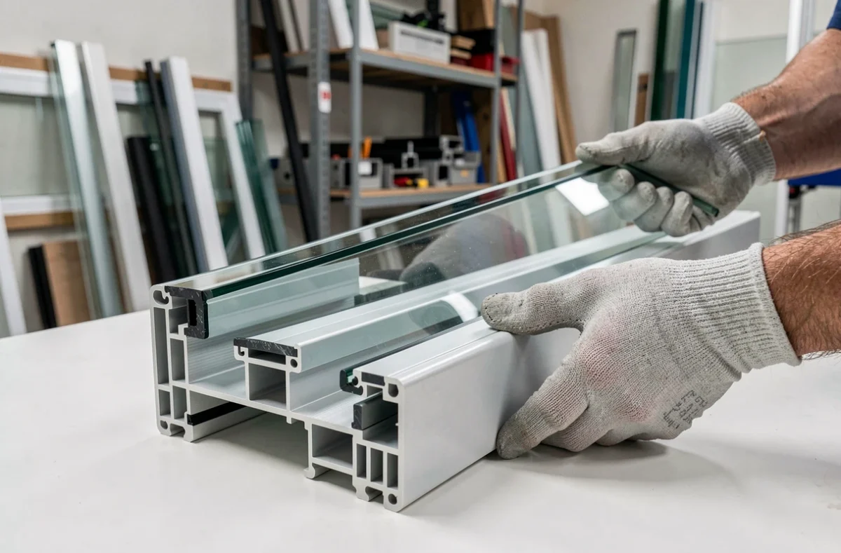 Coupe transversale détaillée d'une fenêtre triple vitrage montrant les trois couches de verre et les espaceurs