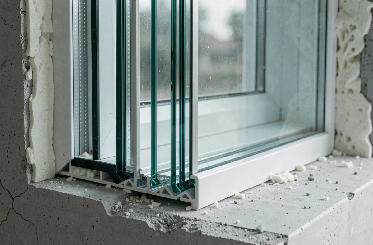 Gros plan sur la coupe transversale d'une fenêtre à triple vitrage montrant les trois couches de verre et les espaceurs thermiques lors d'une installation