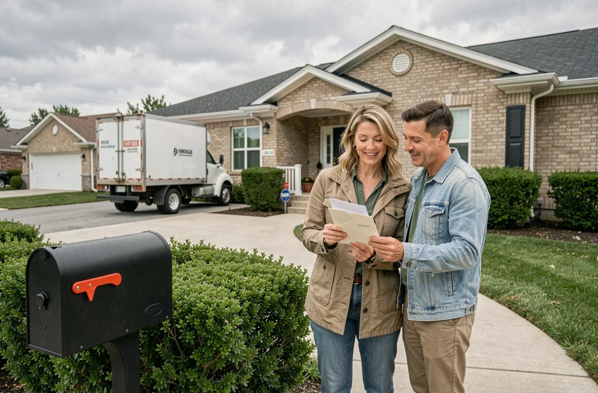 Couple consultant une lettre réexpédiée devant leur nouvelle maison le jour du déménagement